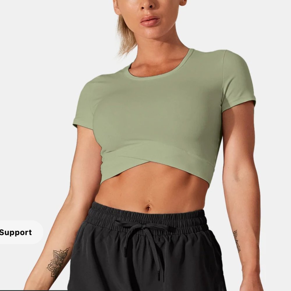Short Sleeve Crossover Hem Cropped Sports - Fog Green